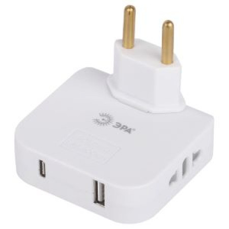 Разветвитель электрический ЭРА SPF-2-FL-USBC поворотный на 2 розетки + 2USB A+C 10А белый