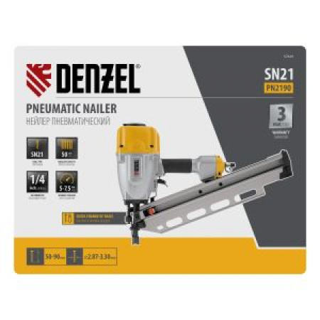 Нейлер пневматический PN2190 для гвоздей SN21 от 50 до 90 мм Denzel Нейлер пневматический PN2190 для гвоздей SN21 от 50 до 90 мм Denzel