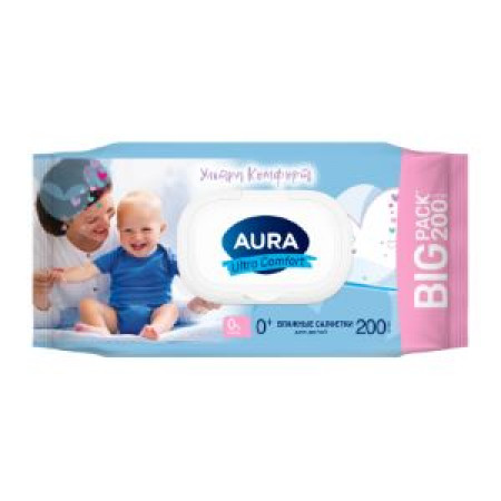 Aura ultra comfort влажные салфетки для детей 200 шт с крыш. (8839)