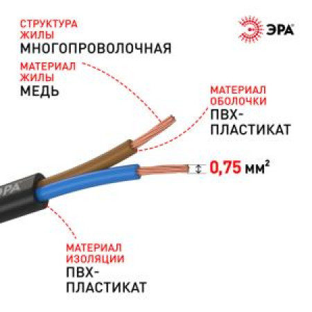 Провод ЭРА ШВВП 2х0,75 мм2 100м чёрный Провод ЭРА ШВВП 2х0,75 мм2 100м чёрный