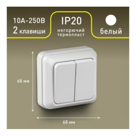 Выключатель Intro Quadro 2-104-01 двухклавишный 10А-250В, IP20, ОУ, белый Выключатель Intro Quadro 2-104-01 двухклавишный 10А-250В, IP20, ОУ, белый