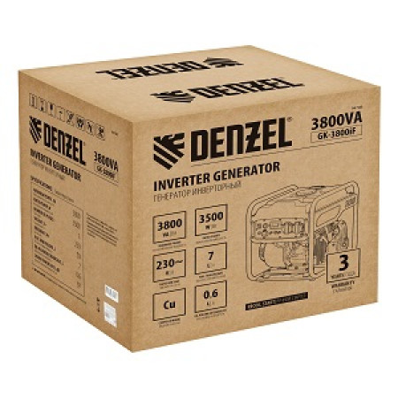 Генератор инверторный GK-3800iF, 3,8 кВт, 230 В, ручной старт DENZEL Генератор инверторный GK-3800iF, 3,8 кВт, 230 В, ручной старт DENZEL